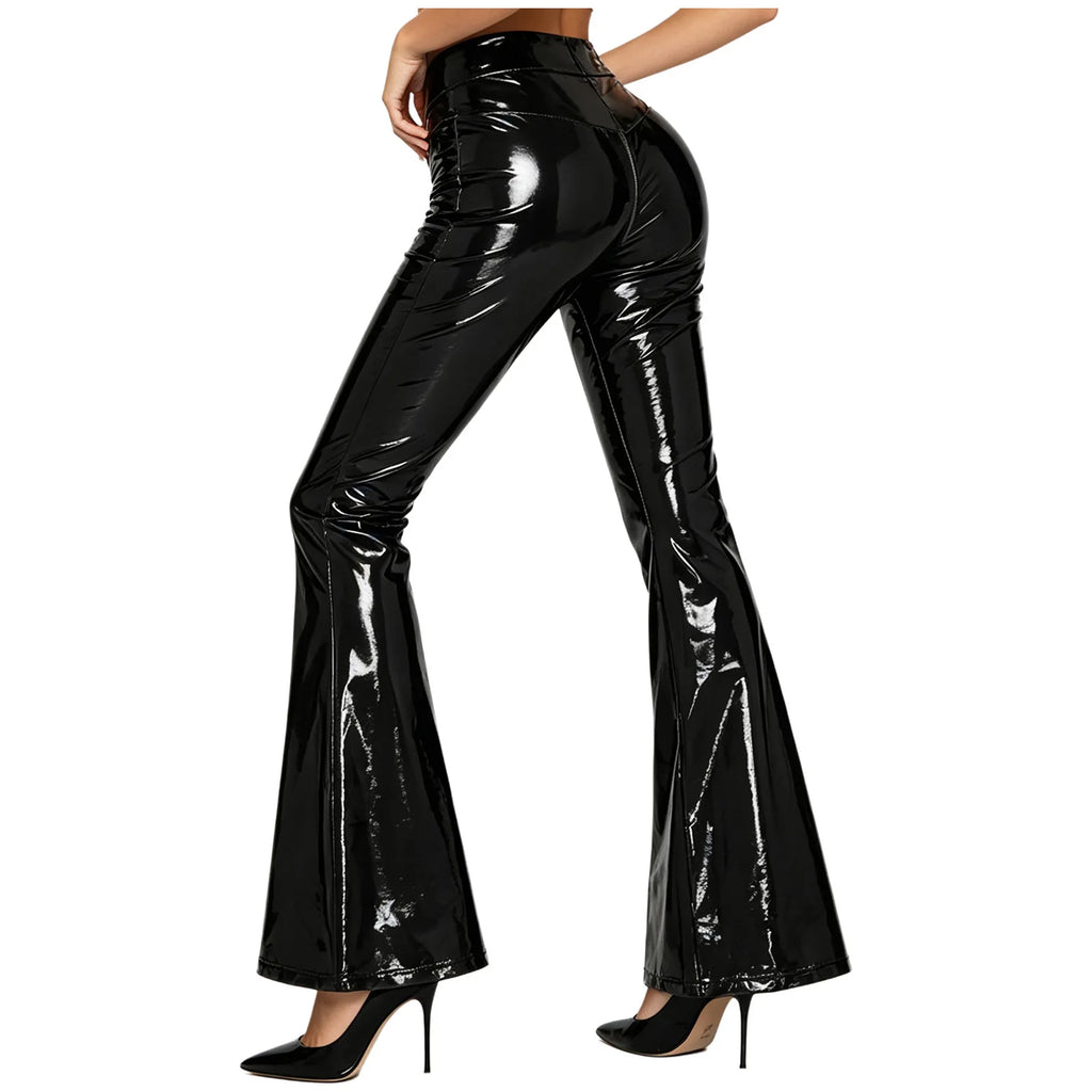 Women's Glossy PU Flare Bell-Bottom Pants - V-Waist Rave Clubwear