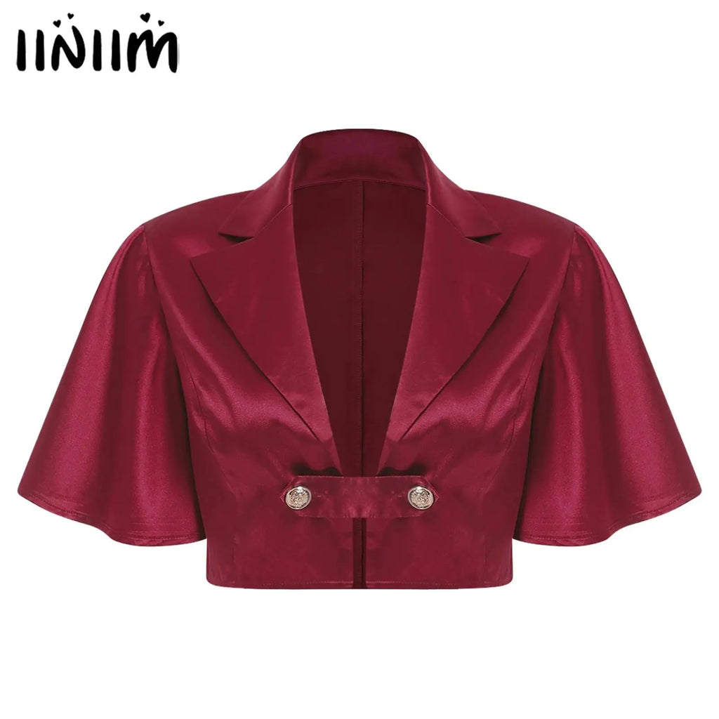 Women's Victorian Satin Cropped Blazer - Flounce Sleeve Rave Coat