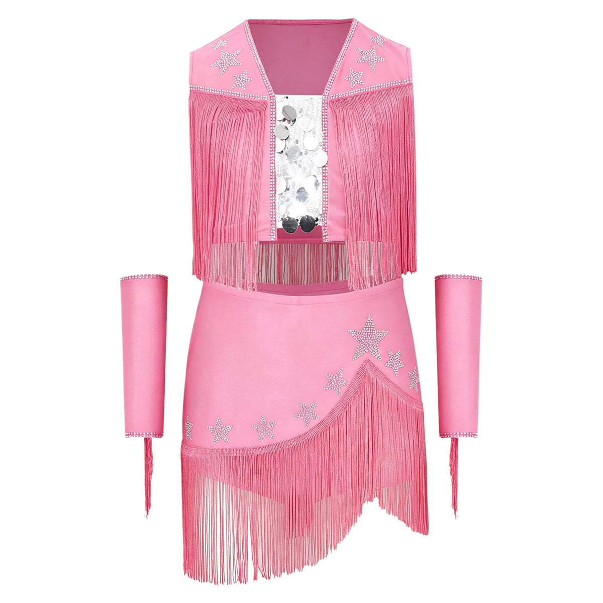 Girls Cowgirl Fringe Dance Costume - Sequined Tops & Skirt Set
