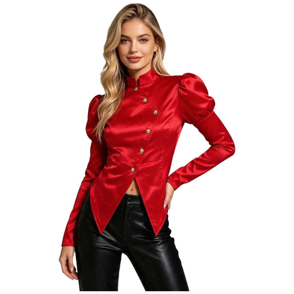 Women's Victorian Circus Ringmaster Satin Blazer - Puff Sleeve Top
