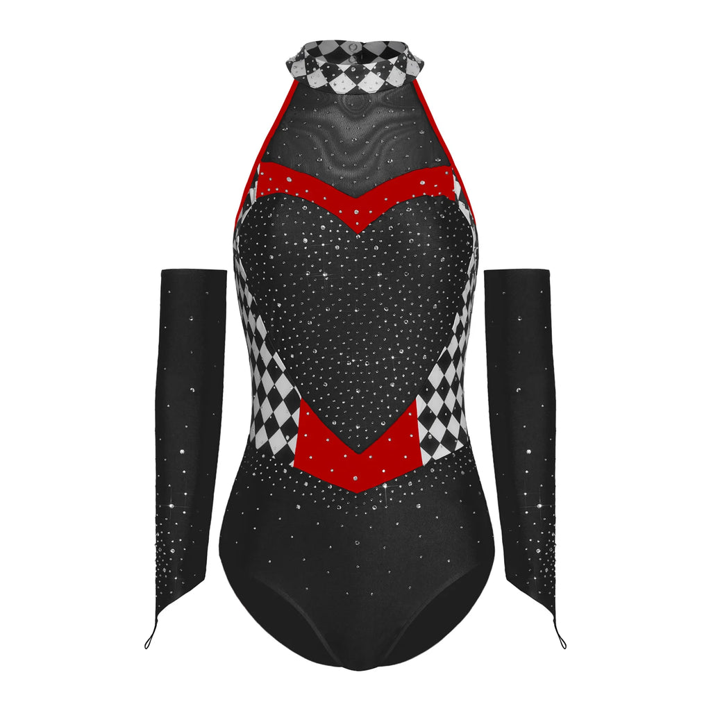 Women's Queen Clown Circus Halter Leotard with Detachable Sleeves