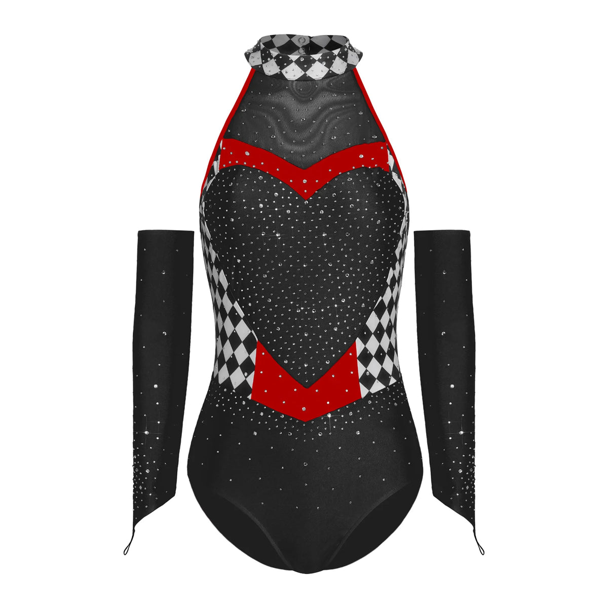 Women's Queen Clown Circus Halter Leotard with Detachable Sleeves