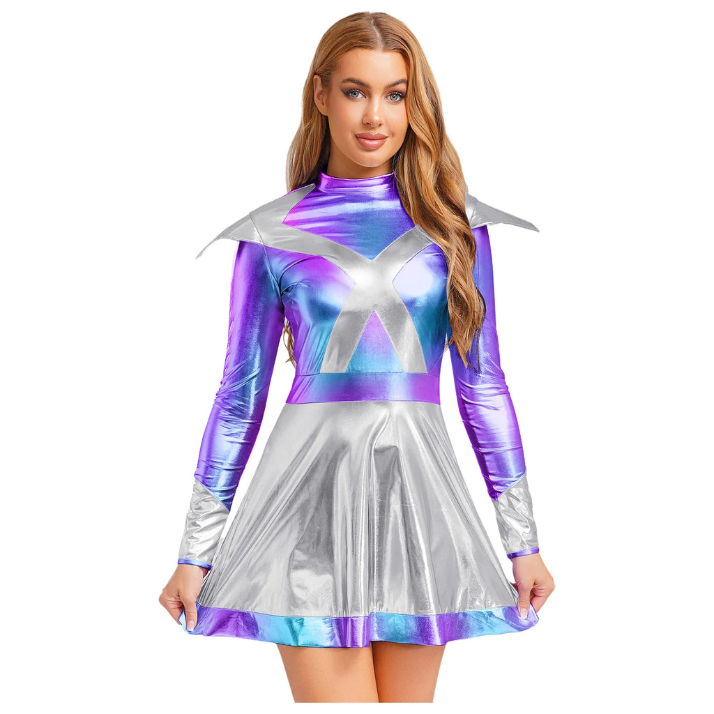 Women's Metallic Shiny Alien Astronaut Costume - Robot Dress