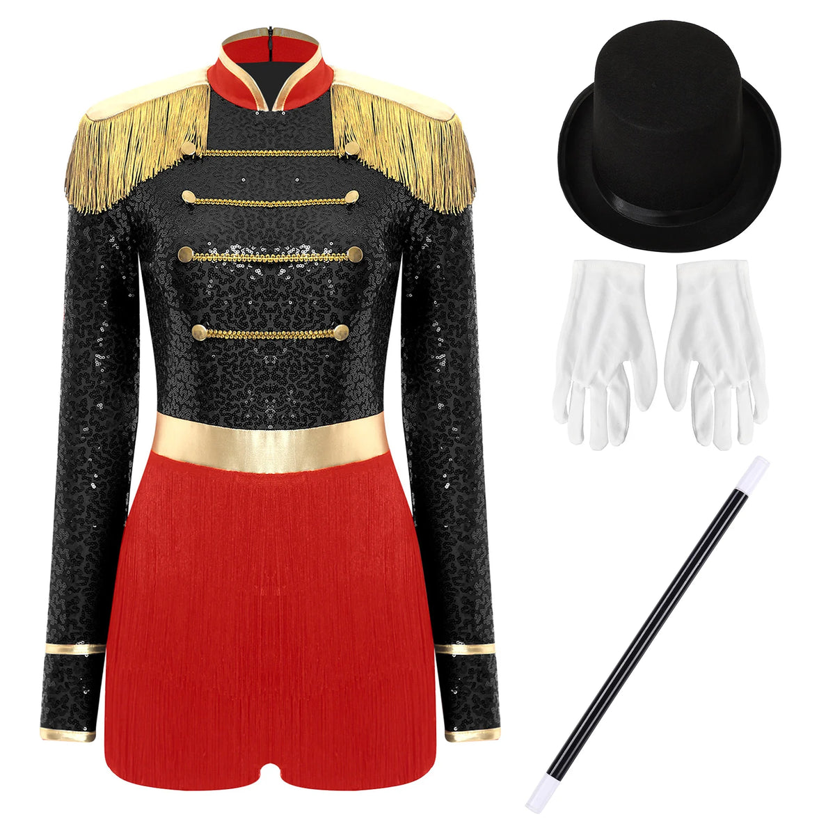 Circus Ringmaster Majorette Costume Set - Sequined Bodysuit with Hat & Wand