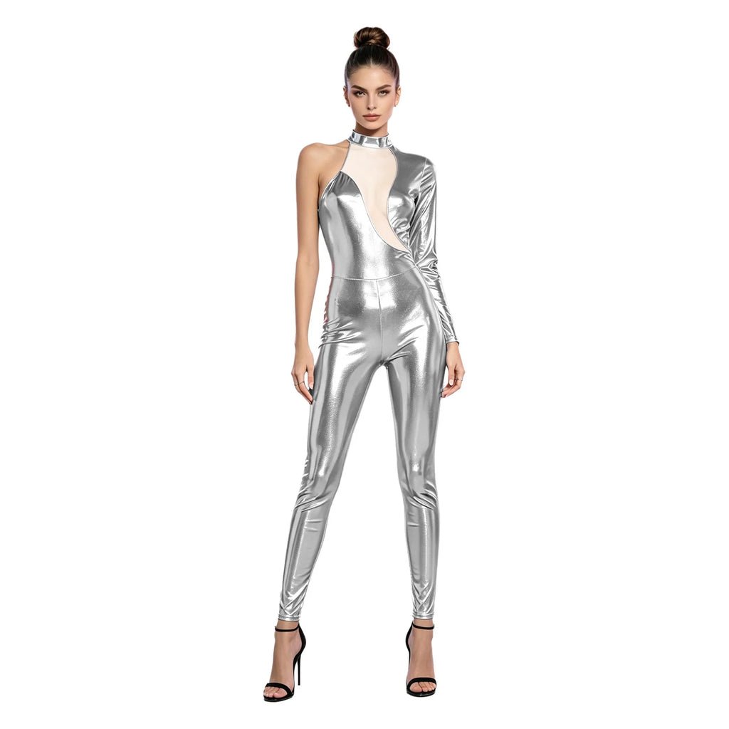 Women's Holographic Mesh Asymmetric Jumpsuit - One-Sleeve Catsuit