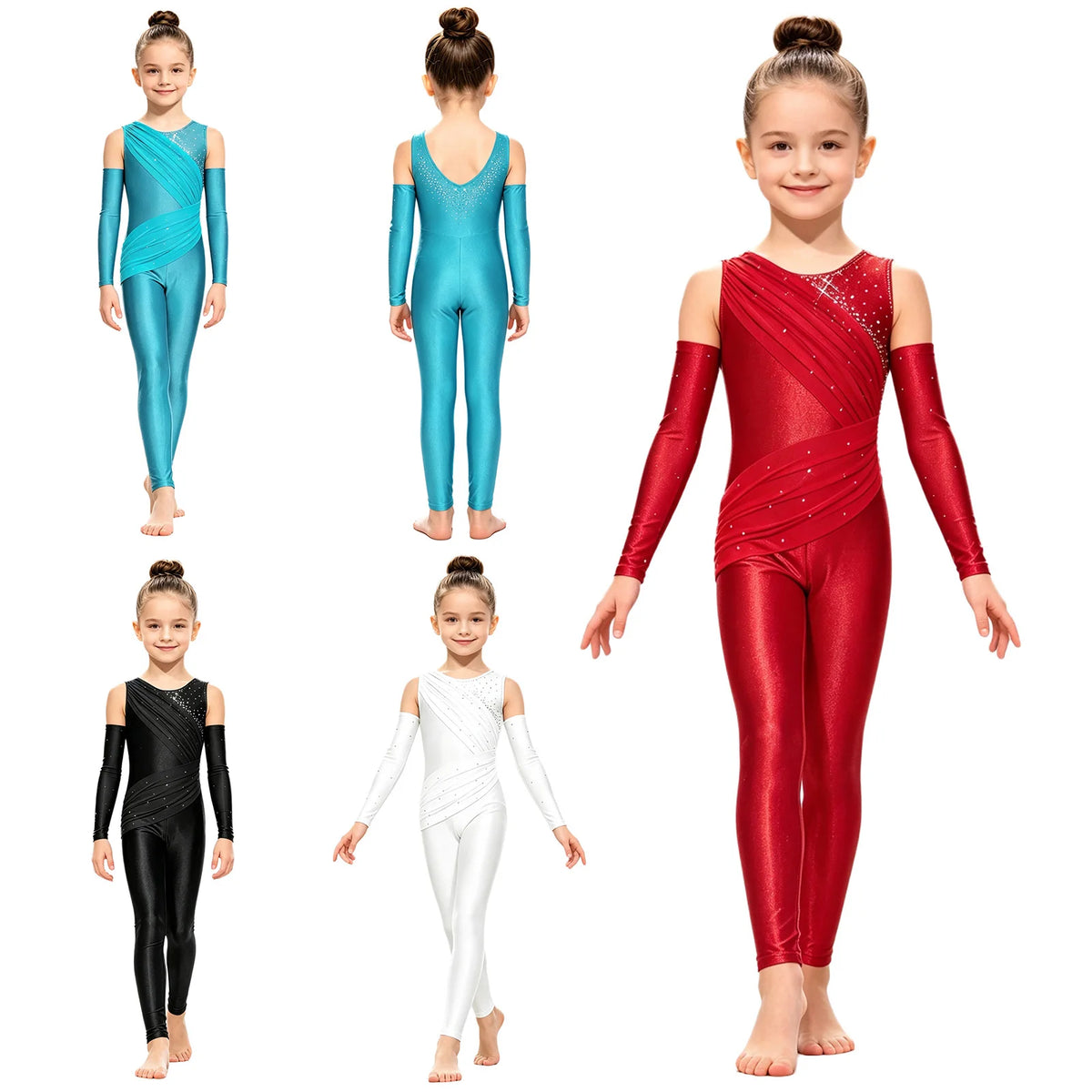 Girls' Sparkle Rhinestone Gymnastics Unitard - Ruched Mesh Jumpsuit