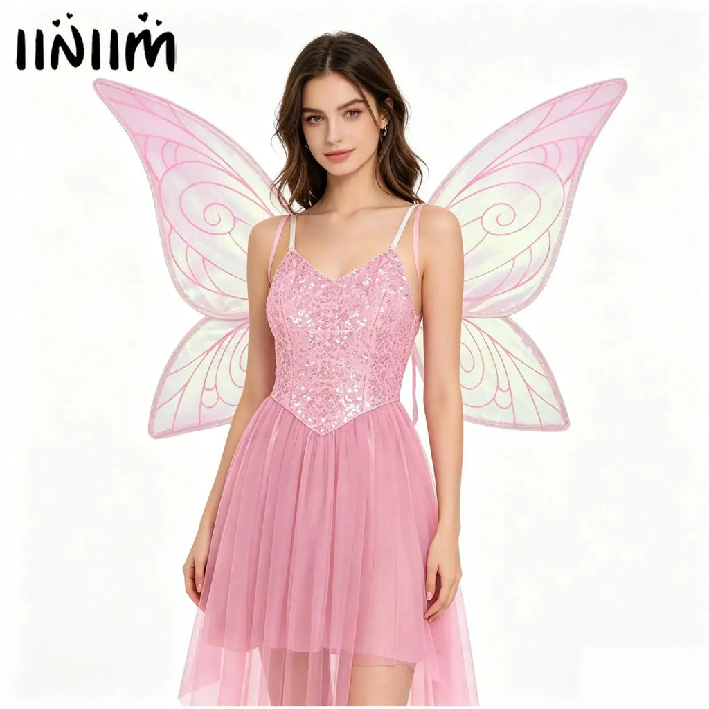 Fairy Elf Sequin Dress Set - High-Low Tulle Dress with Wings