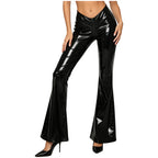 Women's Glossy PU Flare Bell-Bottom Pants - V-Waist Rave Clubwear