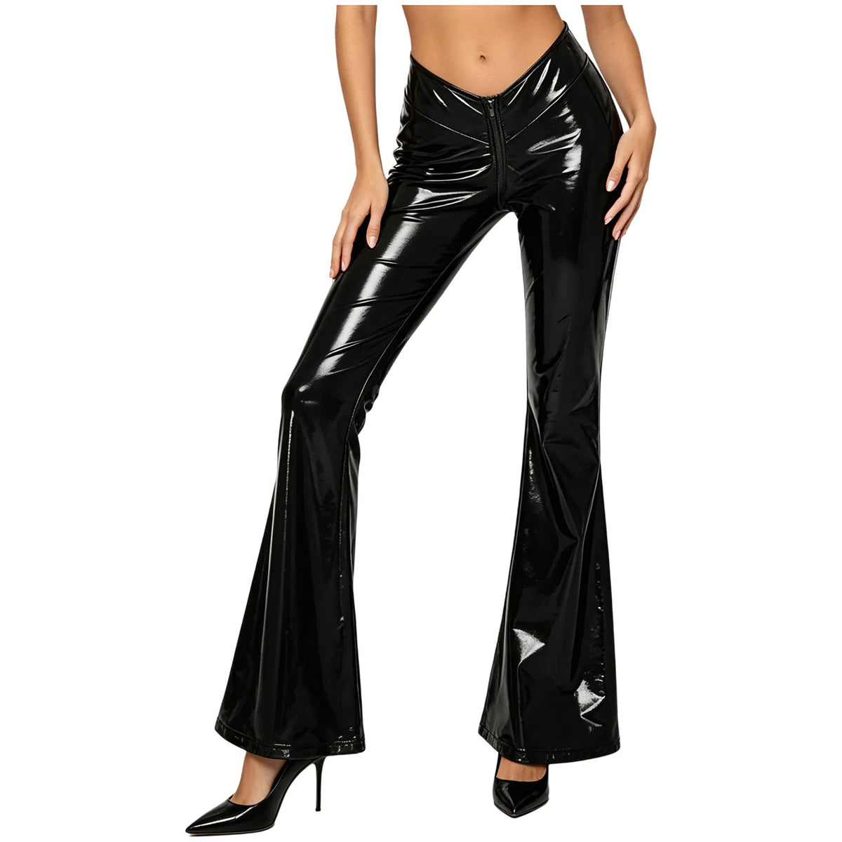 Women's Glossy PU Flare Bell-Bottom Pants - V-Waist Rave Clubwear