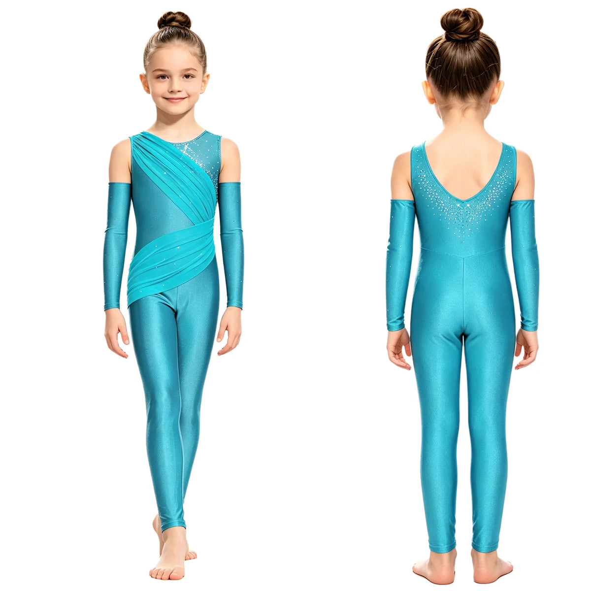 Girls' Sparkle Rhinestone Gymnastics Unitard - Ruched Mesh Jumpsuit