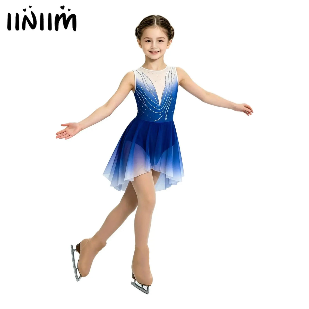 Girls Gradient Rhinestone Figure Skating Ballet Tutu Dress