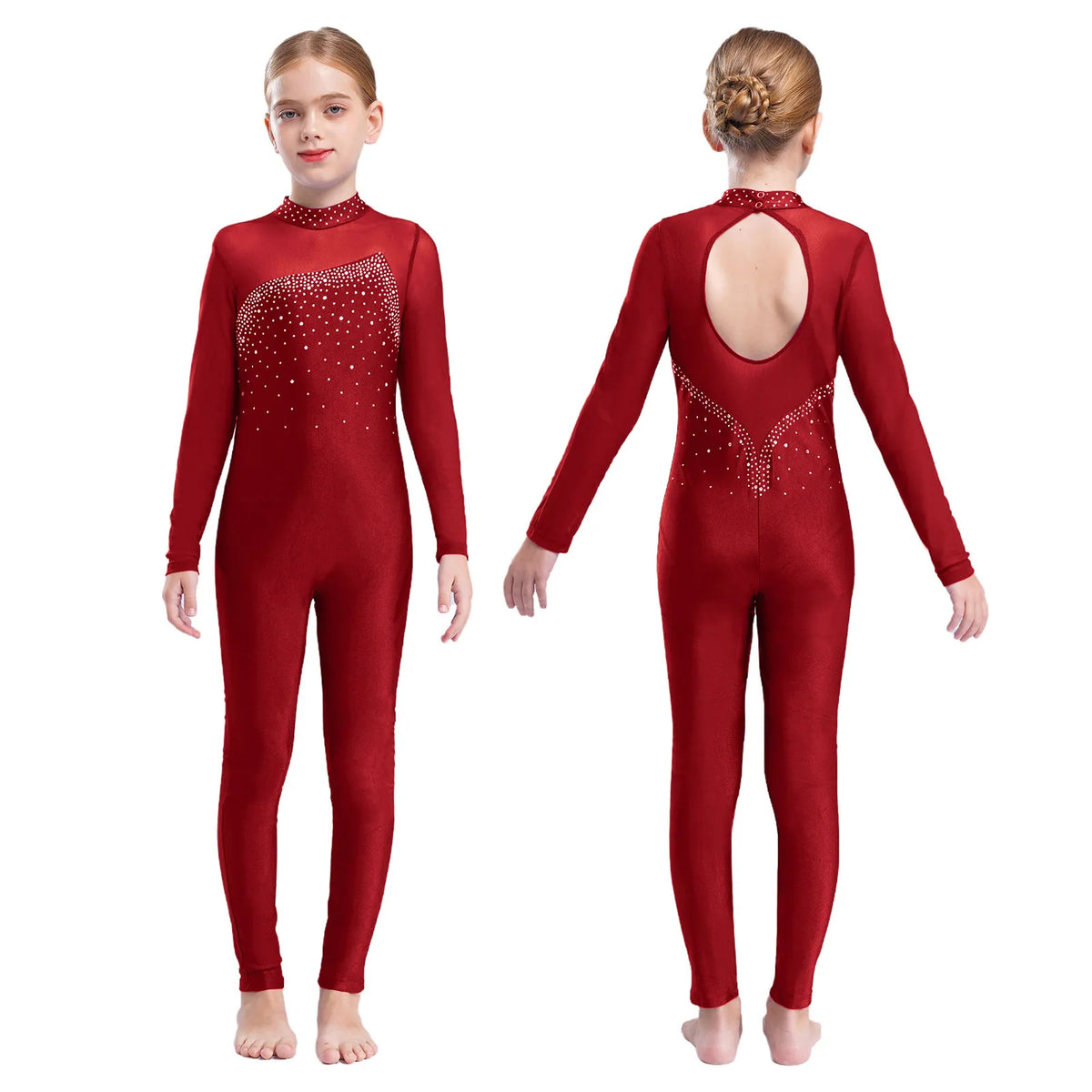 Girls Rhinestone Figure Skating Jumpsuit - Backless Gymnastic Leotard