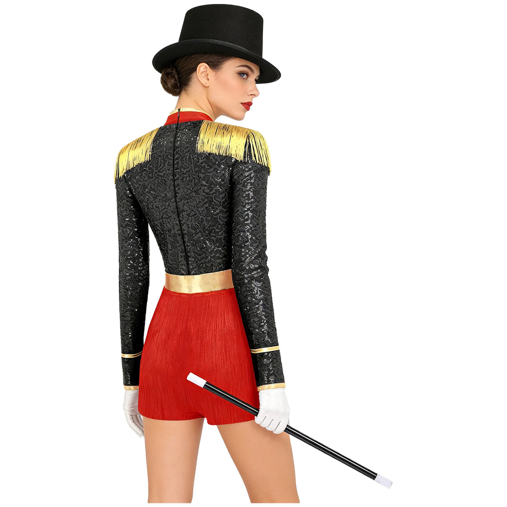 Circus Ringmaster Majorette Costume Set - Sequined Bodysuit with Hat & Wand