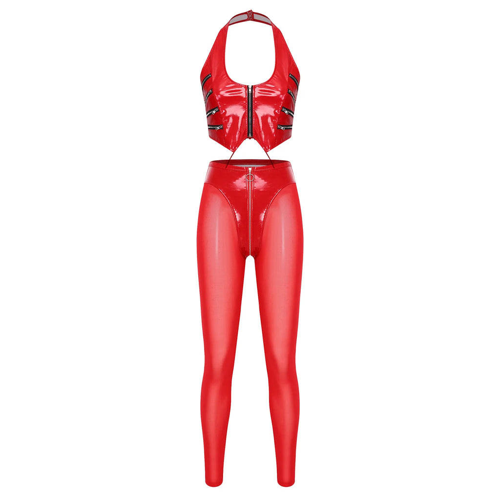 Y2K Glossy PU Leather Pants Set - Lace-Up Top & Sheer Mesh Leggings