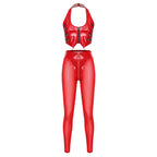 Y2K Glossy PU Leather Pants Set - Lace-Up Top & Sheer Mesh Leggings