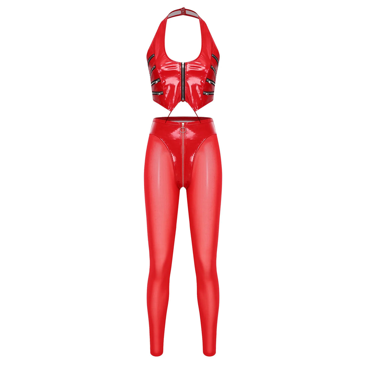 Y2K Glossy PU Leather Pants Set - Lace-Up Top & Sheer Mesh Leggings