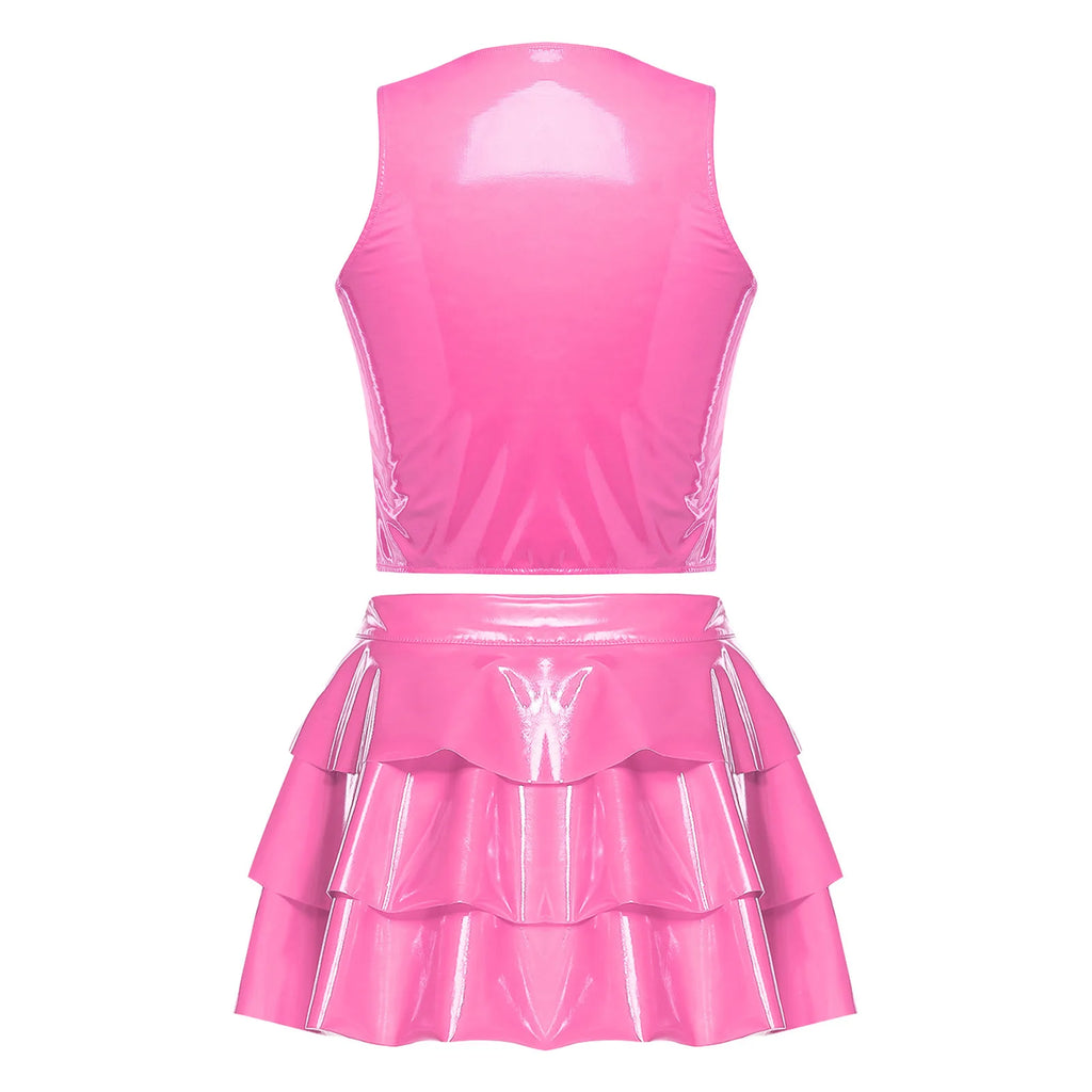 Glossy PU Leather Dance Outfit - Zipper Crop Top & Ruffled Skirt