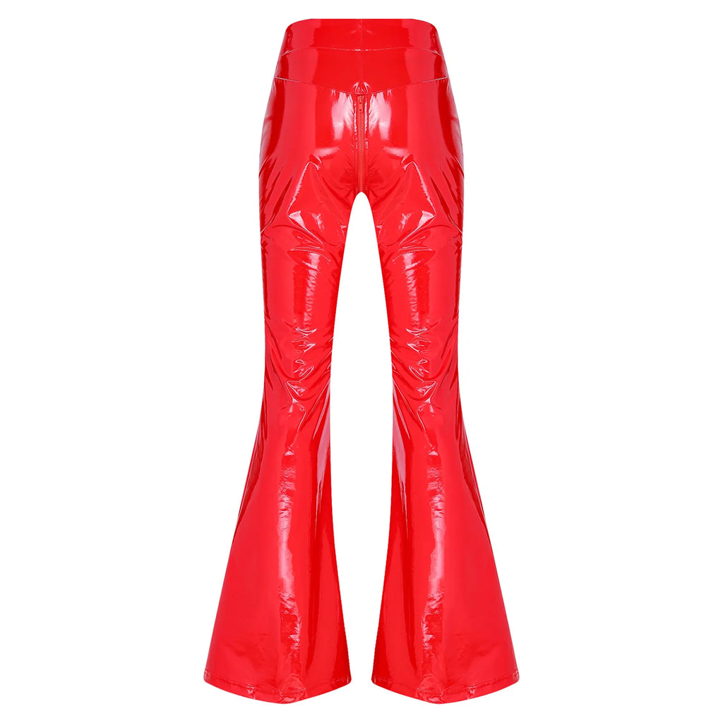 Women's Glossy PU Flare Bell-Bottom Pants - V-Waist Rave Clubwear