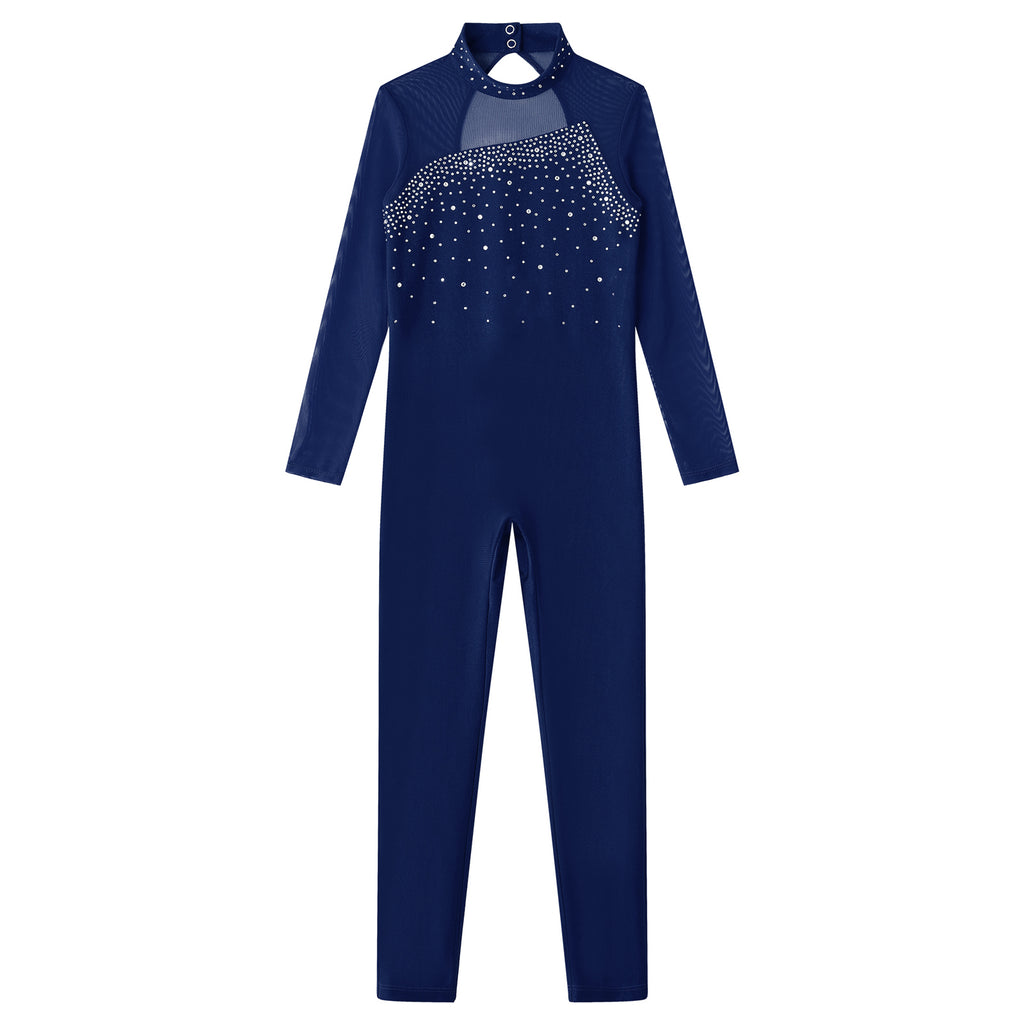 Girls Rhinestone Figure Skating Jumpsuit - Backless Gymnastic Leotard