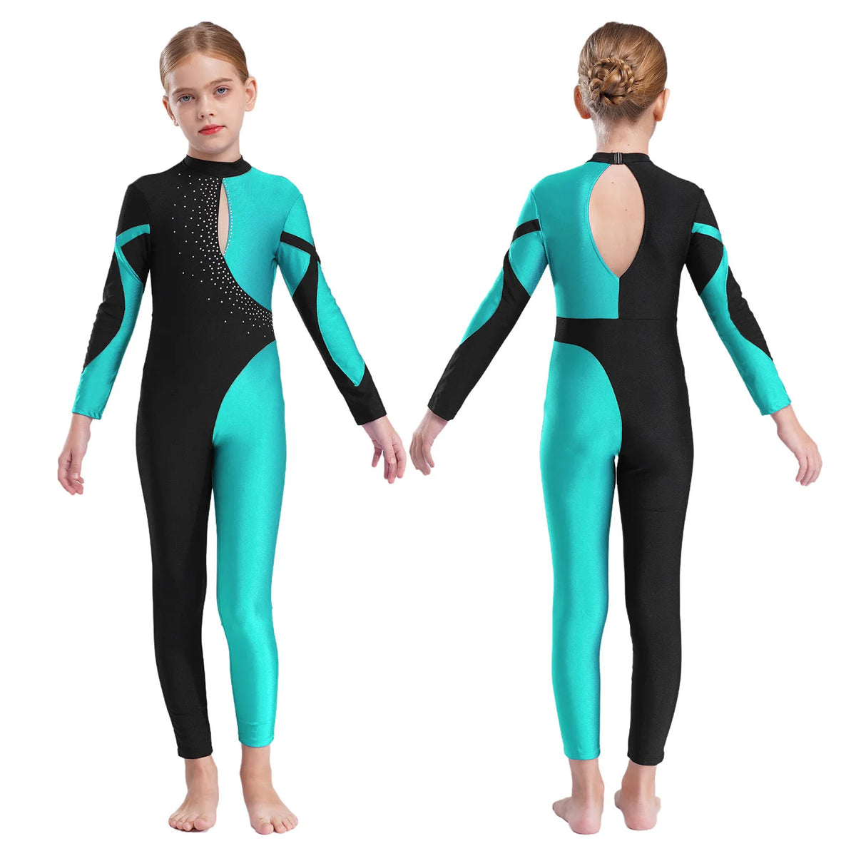 Girls Rhinestone Figure Skating Jumpsuit - Backless Gymnastic Leotard