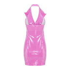 Glossy PU Leather Notched Collar Mini Dress - Deep V Neck Clubwear