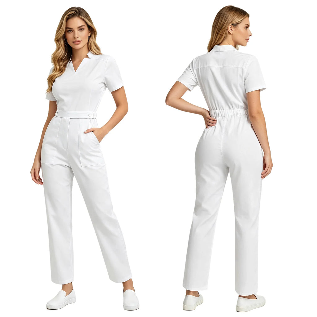 Women's Professional Scrub Jumpsuit - V-Neck Multi-Pocket Uniform