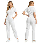 Women's Professional Scrub Jumpsuit - V-Neck Multi-Pocket Uniform
