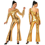 Women's Metallic Sequin Fringe Flare Jumpsuit - One-Shoulder Retro Disco