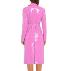 Glossy PU Leather Trench Coat with Belt - Open-Front Overcoat