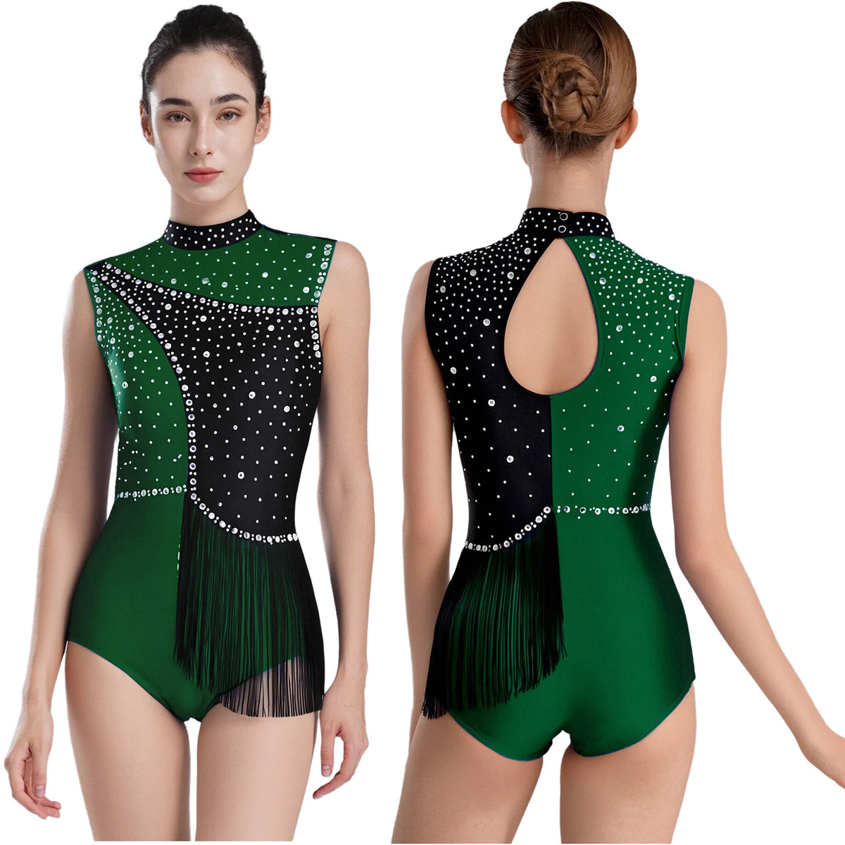 Girls' Rhinestone Skating Leotard Jumpsuit - Back Cutout Tassel