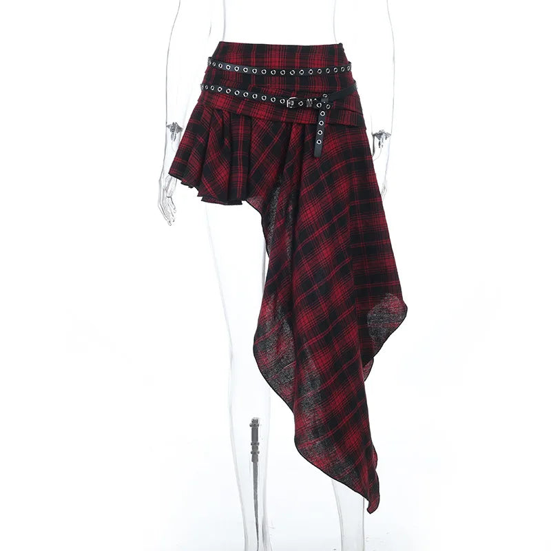 Dark Mall Goth Plaid Asymmetrical Belted Mini Skirt