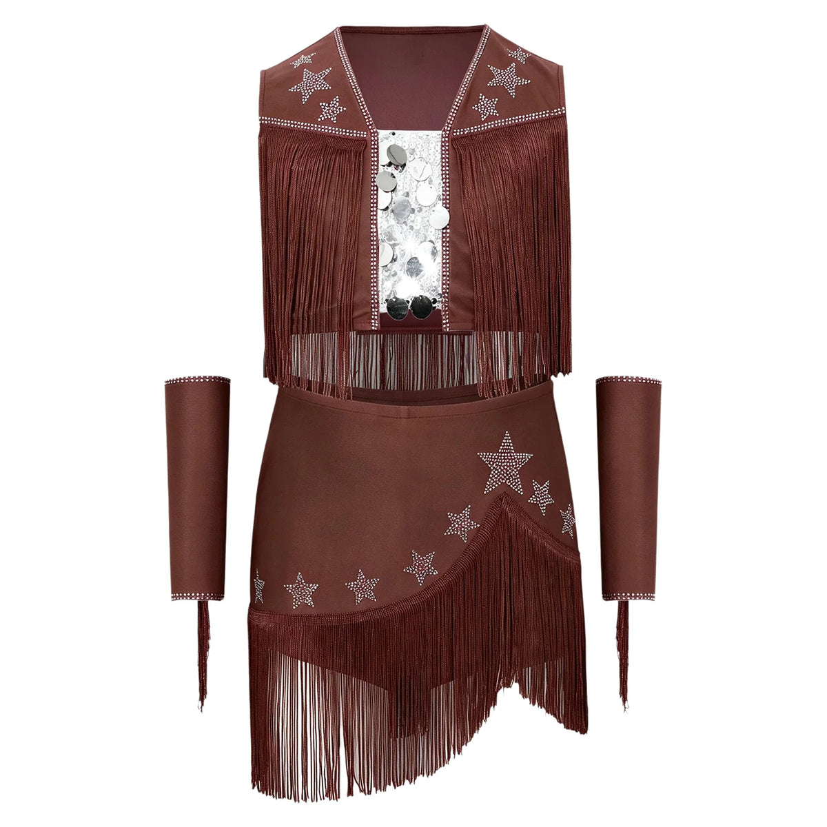 Girls Cowgirl Fringe Dance Costume - Sequined Tops & Skirt Set