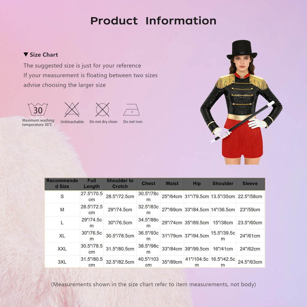 Circus Ringmaster Majorette Costume Set - Sequined Bodysuit with Hat & Wand