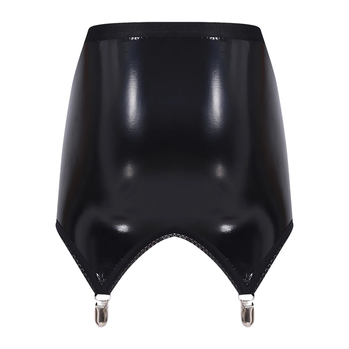 Glossy PU High-Waist Garter Skirt - Wet-Look Latex Bodycon Miniskirt