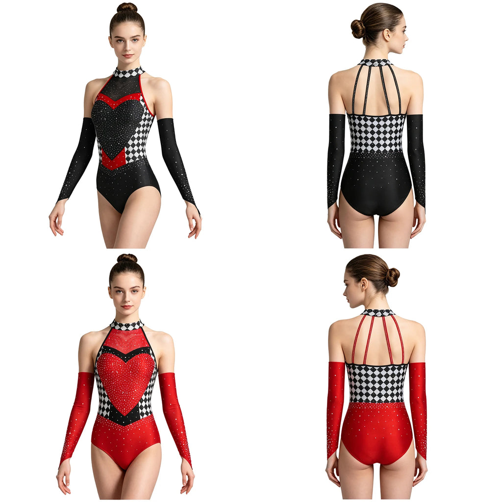 Women's Queen Clown Circus Halter Leotard with Detachable Sleeves