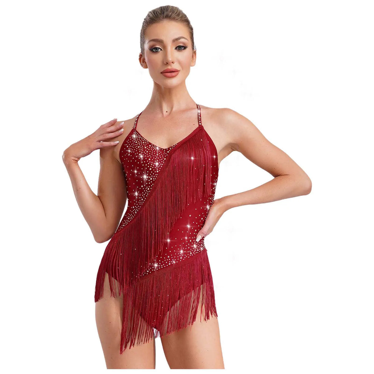 Girls' Rhinestone Skating Leotard Jumpsuit - Back Cutout Tassel