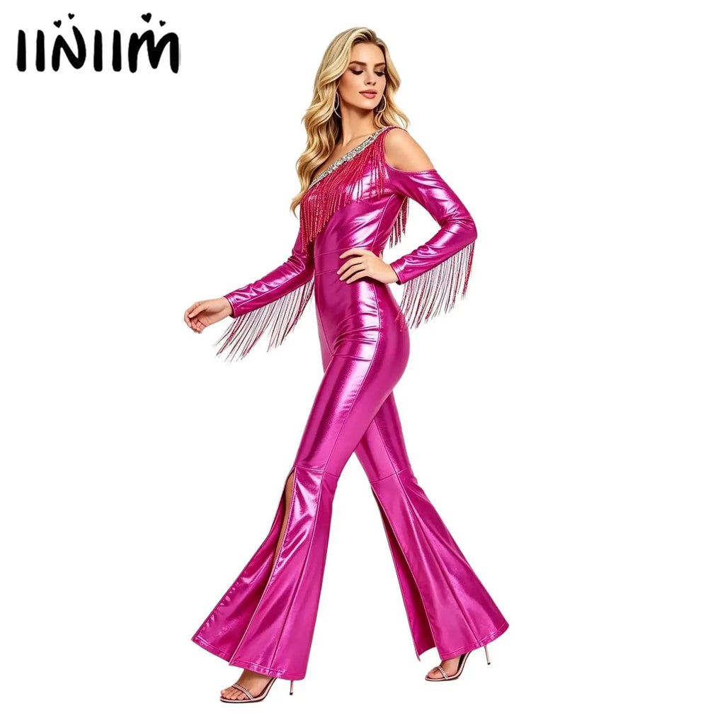 Women's Metallic Sequin Fringe Flare Jumpsuit - One-Shoulder Retro Disco