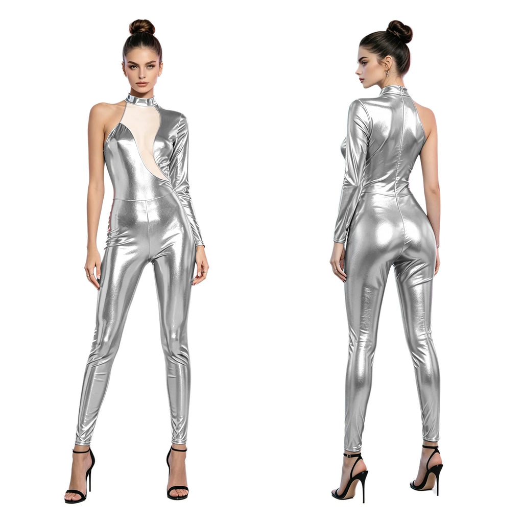Women's Holographic Mesh Asymmetric Jumpsuit - One-Sleeve Catsuit