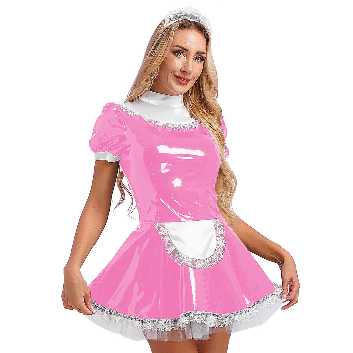 Cute Patent Leather French Maid Costume - Wet-Look Lace Roleplay Dress