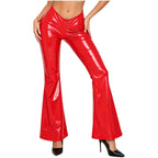 Women's Glossy PU Flare Bell-Bottom Pants - V-Waist Rave Clubwear