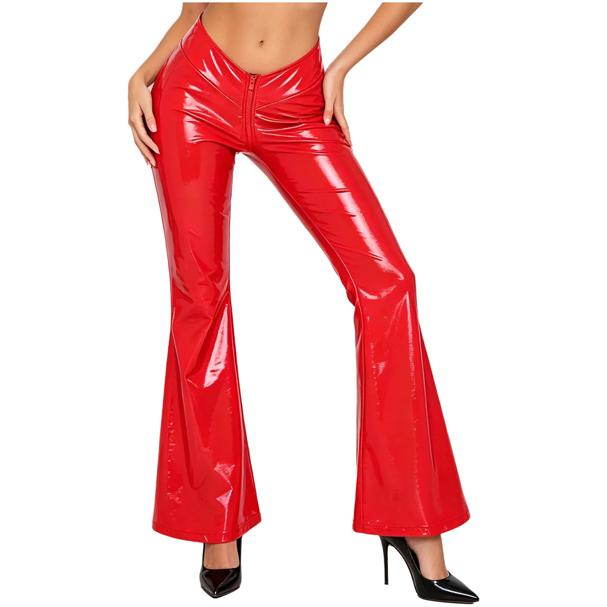 Women's Glossy PU Flare Bell-Bottom Pants - V-Waist Rave Clubwear