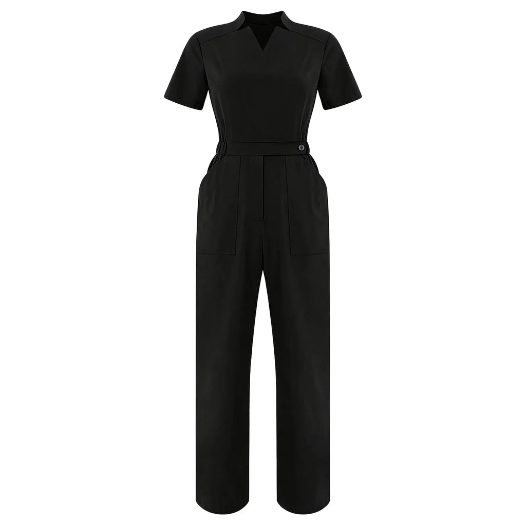 Women's Professional Scrub Jumpsuit - V-Neck Multi-Pocket Uniform
