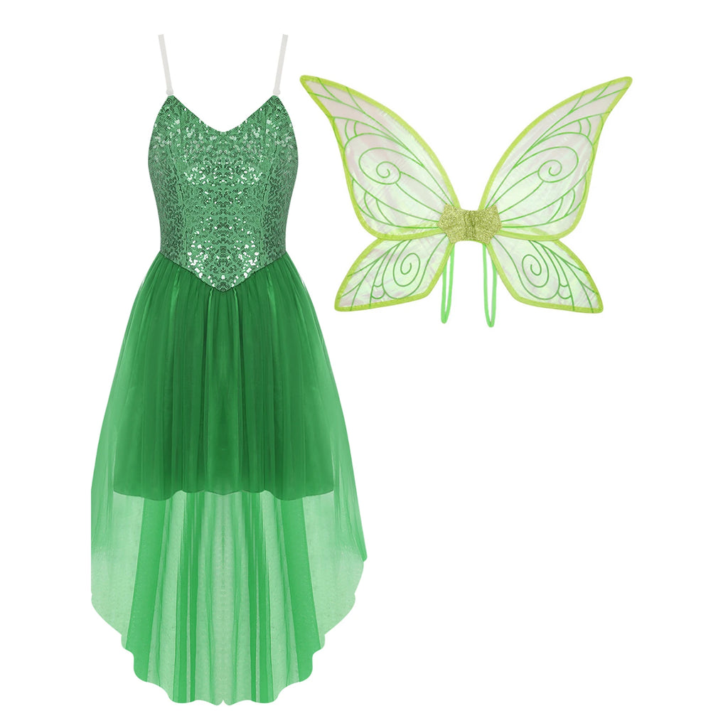 Fairy Elf Sequin Dress Set - High-Low Tulle Dress with Wings