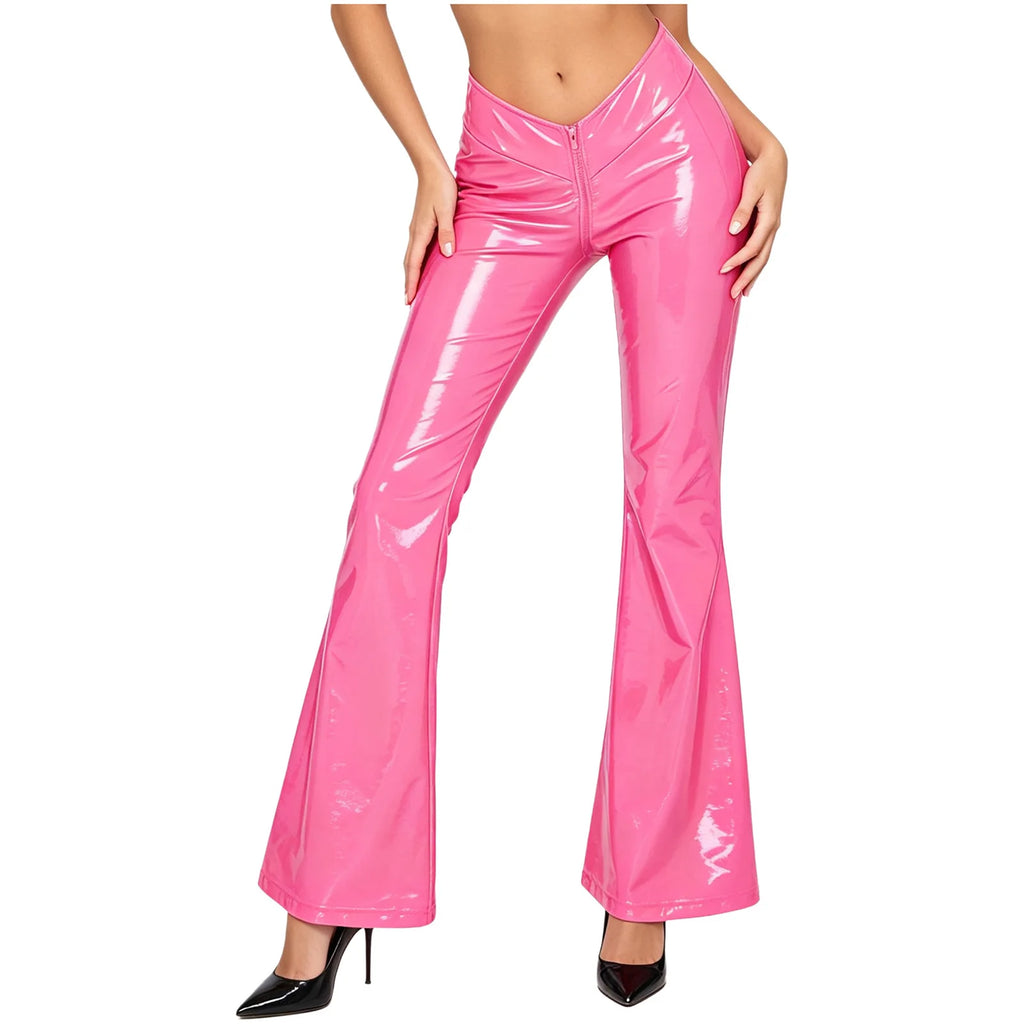 Women's Glossy PU Flare Bell-Bottom Pants - V-Waist Rave Clubwear