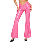 Women's Glossy PU Flare Bell-Bottom Pants - V-Waist Rave Clubwear