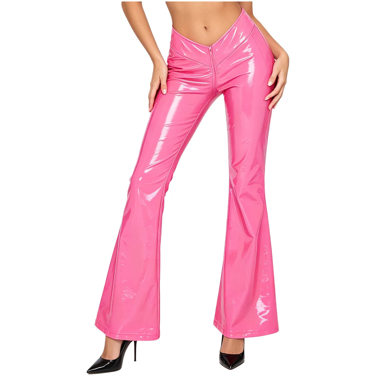 Women's Glossy PU Flare Bell-Bottom Pants - V-Waist Rave Clubwear