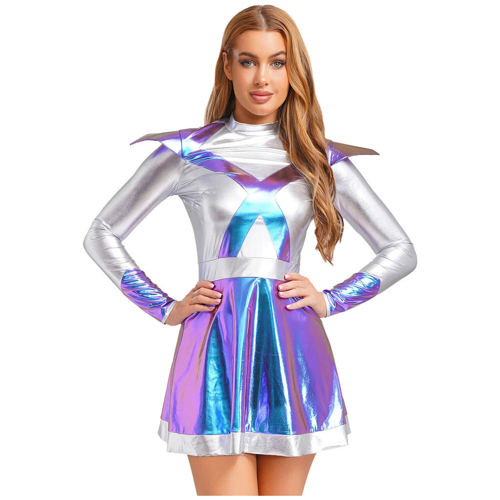 Women's Metallic Shiny Alien Astronaut Costume - Robot Dress