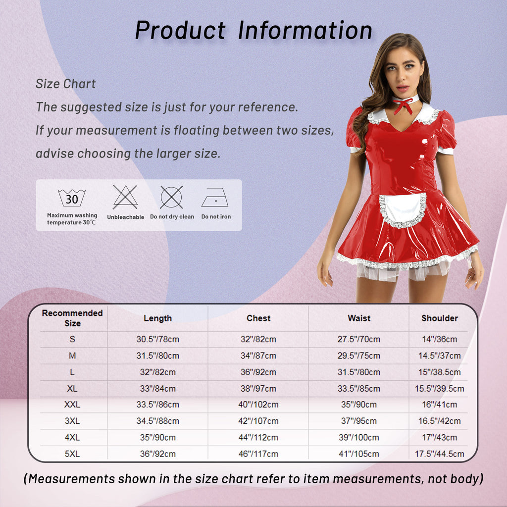 Cute Patent Leather French Maid Costume - Wet-Look Lace Roleplay Dress