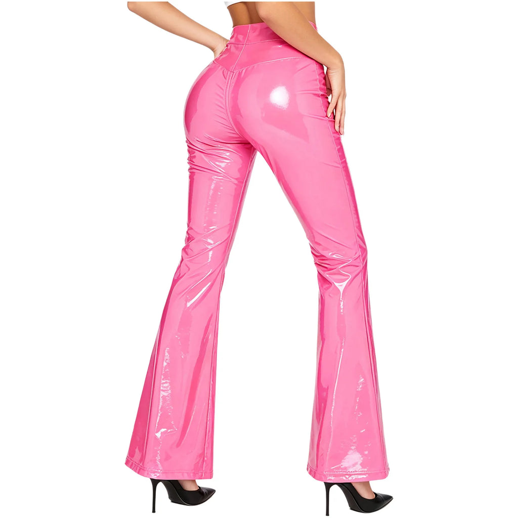 Women's Glossy PU Flare Bell-Bottom Pants - V-Waist Rave Clubwear