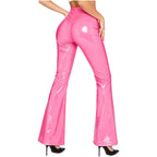 Women's Glossy PU Flare Bell-Bottom Pants - V-Waist Rave Clubwear